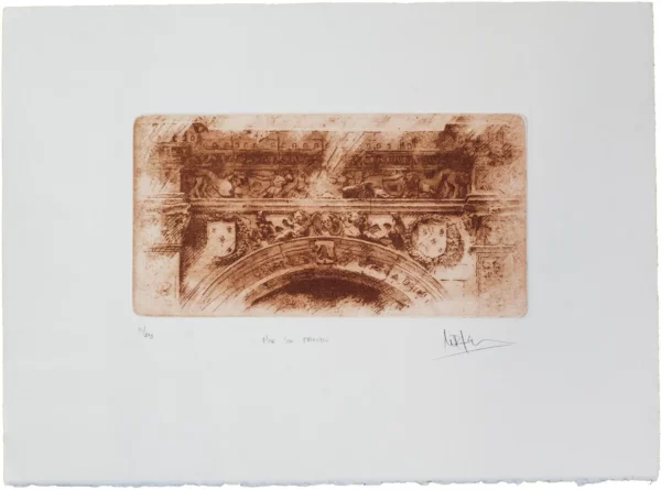 Norler. Grabado al aguafuerte del detalle del arco del ayuntamiento de Sevilla en tinta sepia