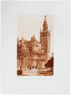 Norler. Grabado al aguafuerte de la catedral de Sevilla y la Giralda en tinta sepia
