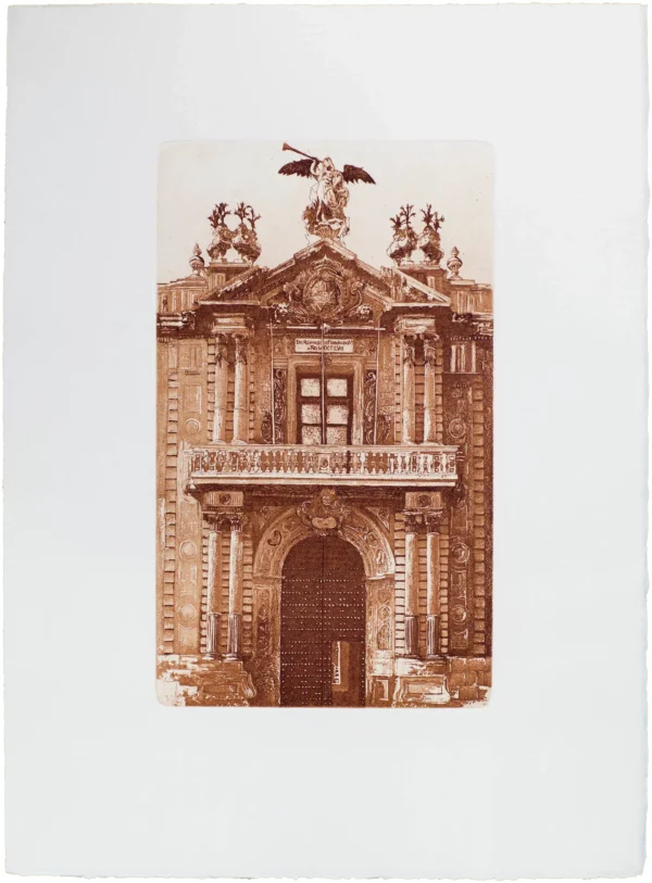 Norler. Grabado al aguafuerte de la puerta del rectorado de la universidad de Sevilla en tinta sepia