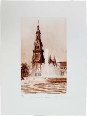 Norler. Grabado al aguafuerte de la torre norte de la Plaza de España de Sevilla en tinta sepia