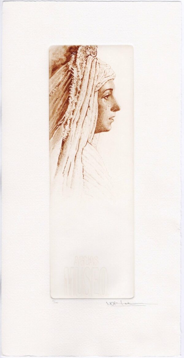 Norler. Grabado al aguafuerte de la Virgen de las Aguas del Museo de Sevilla en tinta sepia.