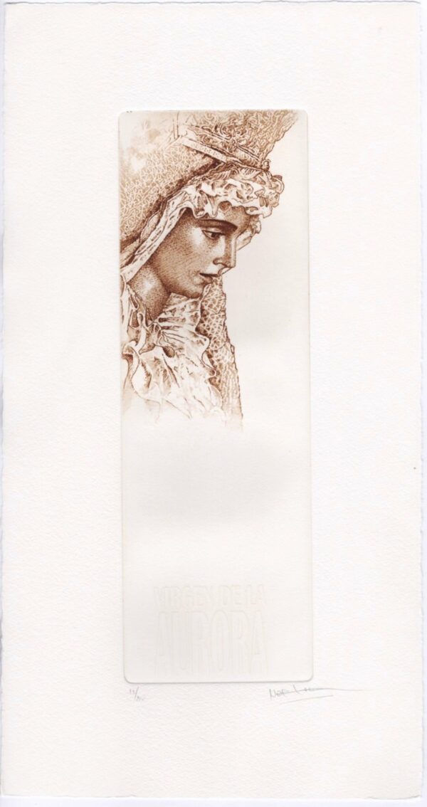 Norler. Grabado al aguafuerte de la Virgen de la Aurora de Sevilla en tinta sepia.