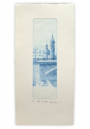 Norler. Grabado al aguafuerte de la Capilla del Carmen y Puente de Triana de Sevilla en tinta azul.
