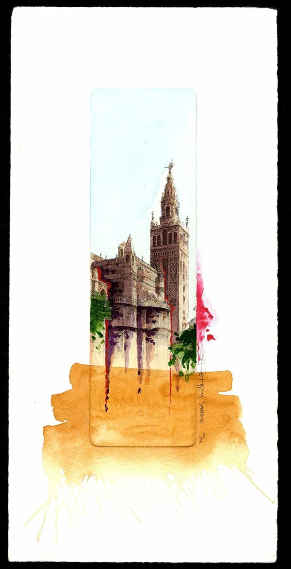 Norler. Grabado al aguafuerte de la Catedral y Giralda de Sevilla en tinta negra iluminado con acuarela.