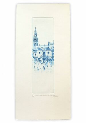 Norler. Grabado al aguafuerte de la Catedral y Maestranza de Sevilla en tinta azul.