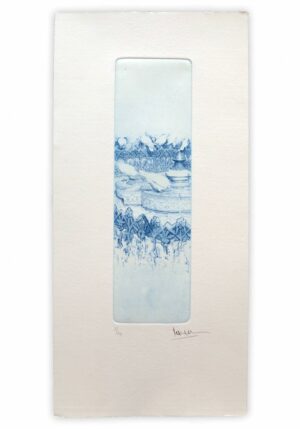 Norler. Grabado al aguafuerte de la Fuente de las Palomas de Sevilla en tinta azul.