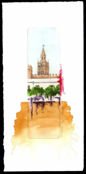 Norler. Grabado al aguafuerte de la Giralda desde el Patio Banderas de Sevilla en tinta negra iluminado con acuarela.