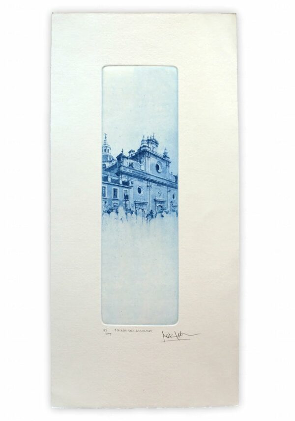 Norler. Grabado al aguafuerte de la Iglesia del Salvador de Sevilla en tinta azul.