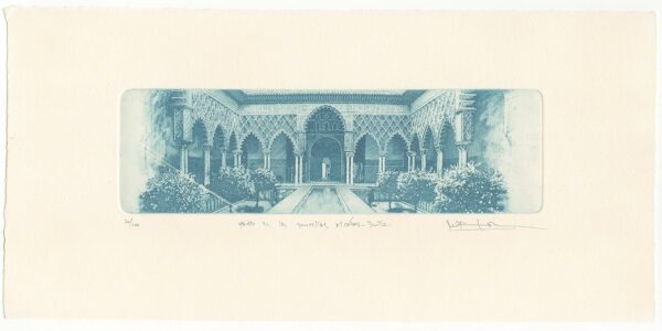 Norler. Grabado al aguafuerte del Patio de las Doncellas, Real Alcázar de Sevilla en tinta azul.