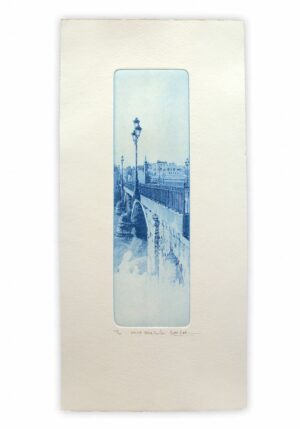 Norler. Grabado al aguafuerte del Puente de Triana de Sevilla en tinta azul.