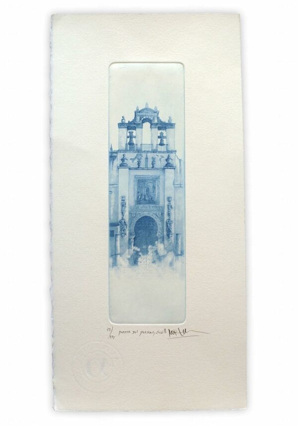 Norler. Grabado al aguafuerte de la Puerta del Perdón de Sevilla en tinta azul.