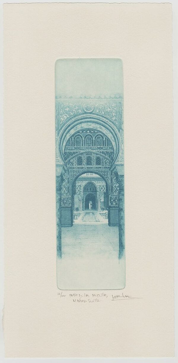 Norler. Grabado al aguafuerte del Salón de los Embajadores, Real Alcázar de Sevilla en tinta azul.