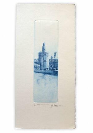 Norler. Grabado al aguafuerte de la Torre del Oro de Sevilla en tinta azul.