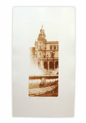 Norler. Grabado al aguafuerte de la Plaza de España de Sevilla en tinta sepia.