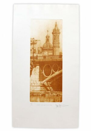 Norler. Grabado al aguafuerte de la Capilla del Carmen y Puente de Triana de Sevilla en tinta sepia.
